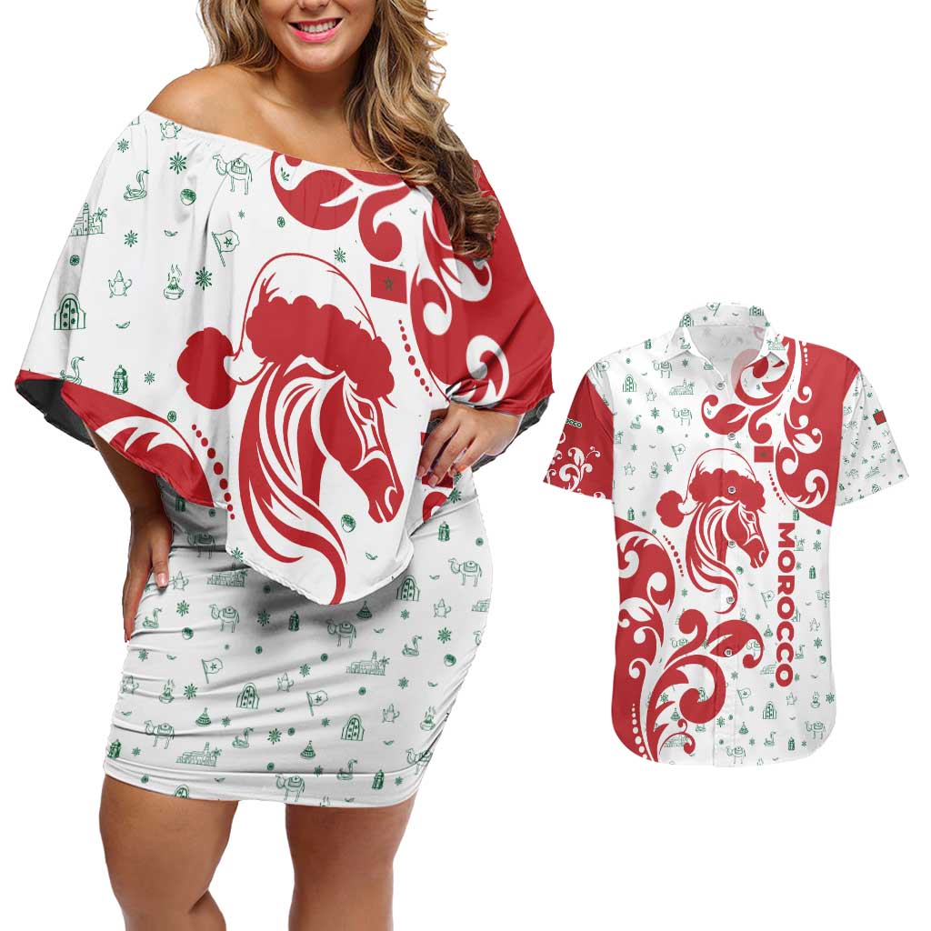 Morocco Christmas Couples Matching Off Shoulder Short Dress and Hawaiian Shirt with Red Horse Santa Hat Arabesque Pattern and Holiday Icons Design - Wonder Print Shop