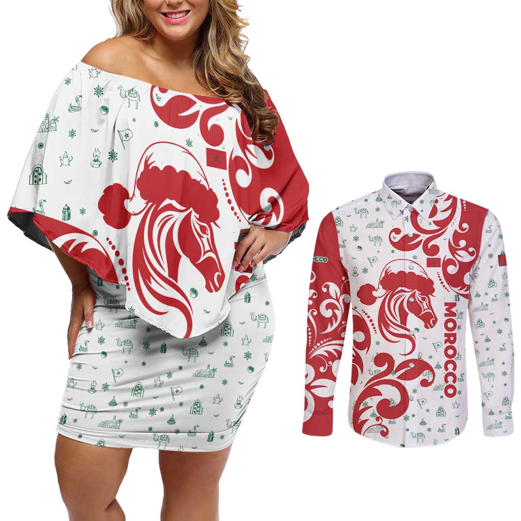 Morocco Christmas Couples Matching Off Shoulder Short Dress and Long Sleeve Button Shirt with Red Horse Santa Hat Arabesque Pattern and Holiday Icons Design - Wonder Print Shop