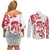 Morocco Christmas Couples Matching Off Shoulder Short Dress and Long Sleeve Button Shirt with Red Horse Santa Hat Arabesque Pattern and Holiday Icons Design - Wonder Print Shop