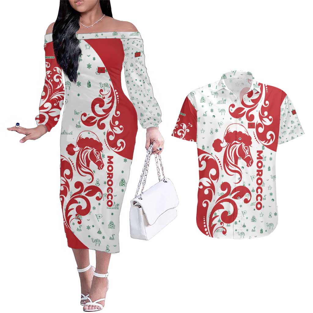 Morocco Christmas Couples Matching Off The Shoulder Long Sleeve Dress and Hawaiian Shirt with Red Horse Santa Hat Arabesque Pattern and Holiday Icons Design - Wonder Print Shop