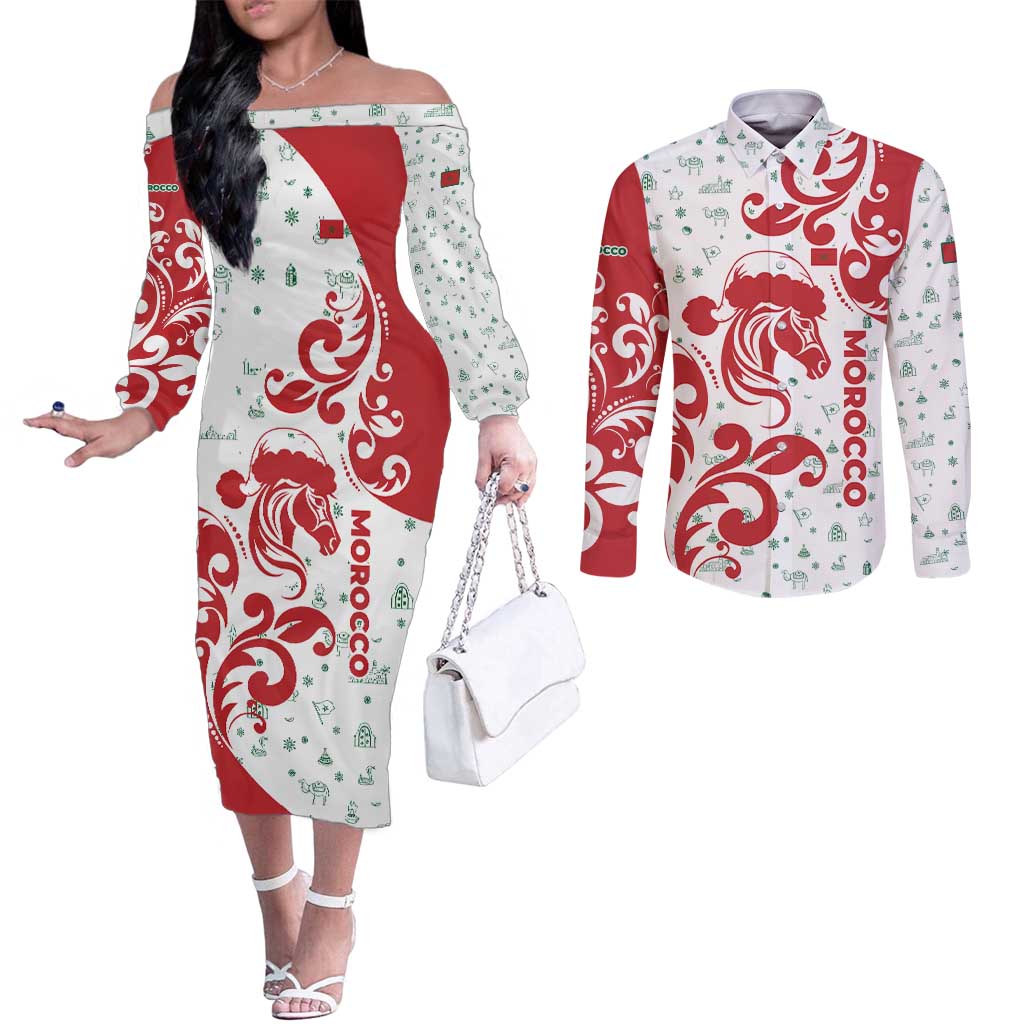 Morocco Christmas Couples Matching Off The Shoulder Long Sleeve Dress and Long Sleeve Button Shirt with Red Horse Santa Hat Arabesque Pattern and Holiday Icons Design - Wonder Print Shop