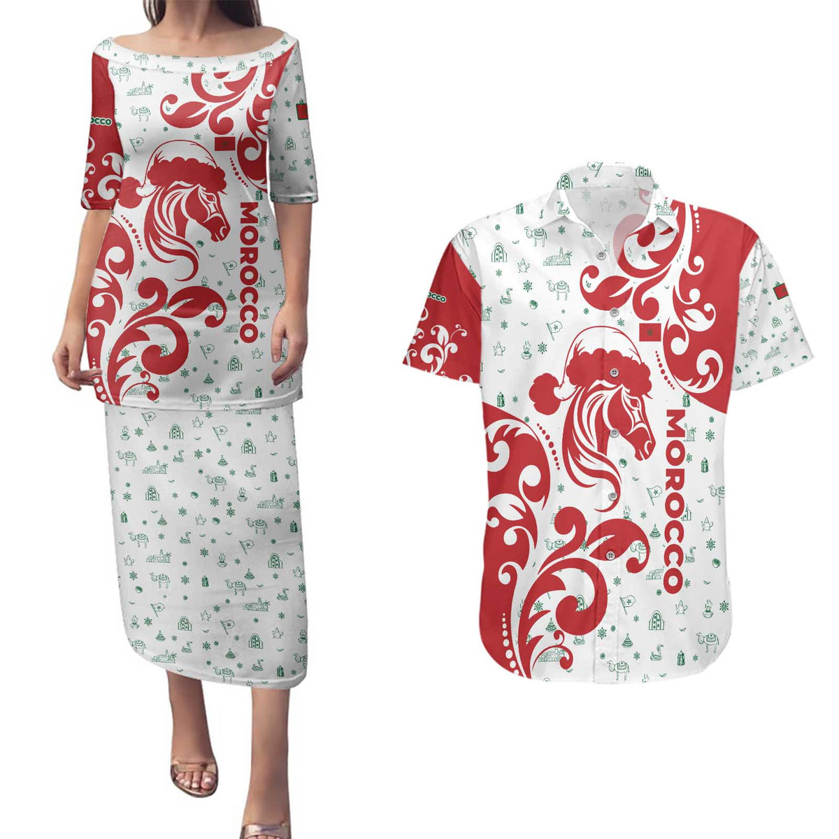 Morocco Christmas Couples Matching Puletasi and Hawaiian Shirt with Red Horse Santa Hat Arabesque Pattern and Holiday Icons Design - Wonder Print Shop