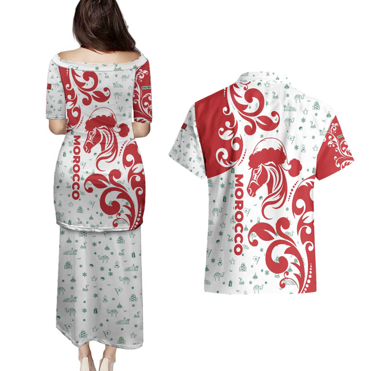 Morocco Christmas Couples Matching Puletasi and Hawaiian Shirt with Red Horse Santa Hat Arabesque Pattern and Holiday Icons Design - Wonder Print Shop