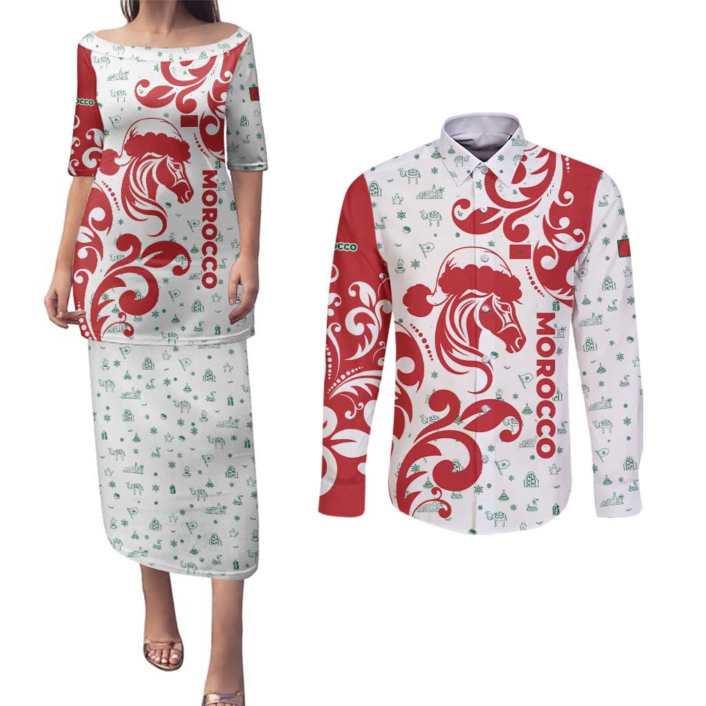 Morocco Christmas Couples Matching Puletasi and Long Sleeve Button Shirt with Red Horse Santa Hat Arabesque Pattern and Holiday Icons Design - Wonder Print Shop