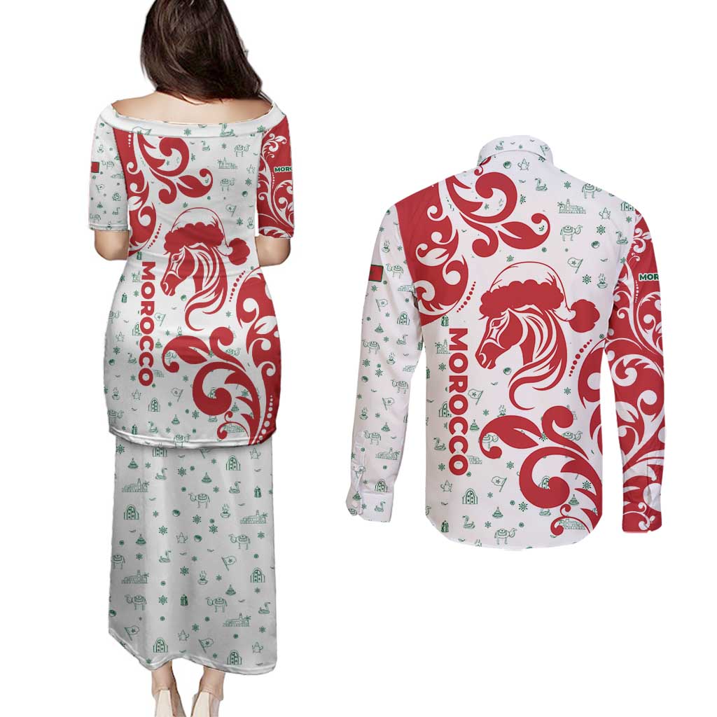 Morocco Christmas Couples Matching Puletasi and Long Sleeve Button Shirt with Red Horse Santa Hat Arabesque Pattern and Holiday Icons Design - Wonder Print Shop