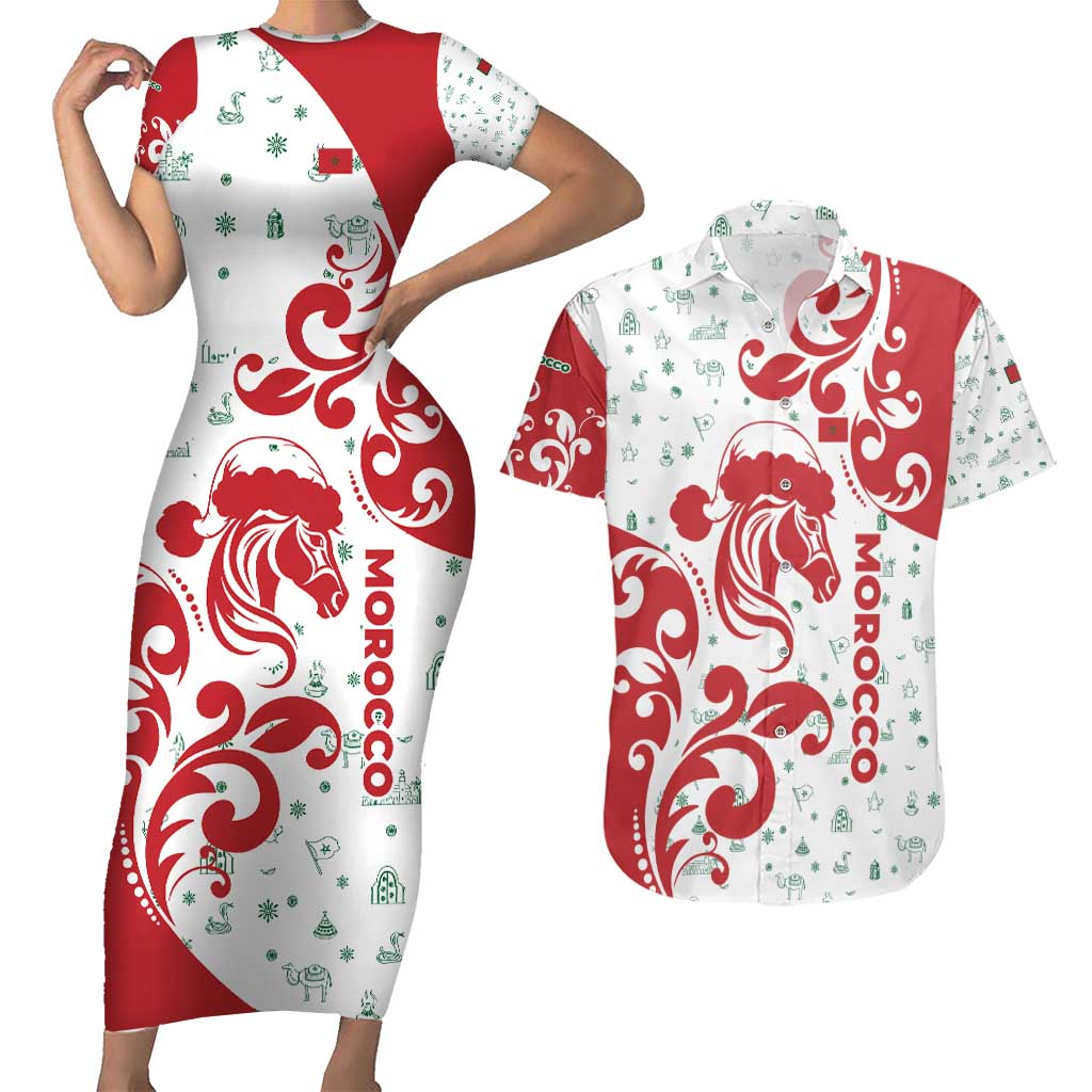 Morocco Christmas Couples Matching Short Sleeve Bodycon Dress and Hawaiian Shirt with Red Horse Santa Hat Arabesque Pattern and Holiday Icons Design - Wonder Print Shop
