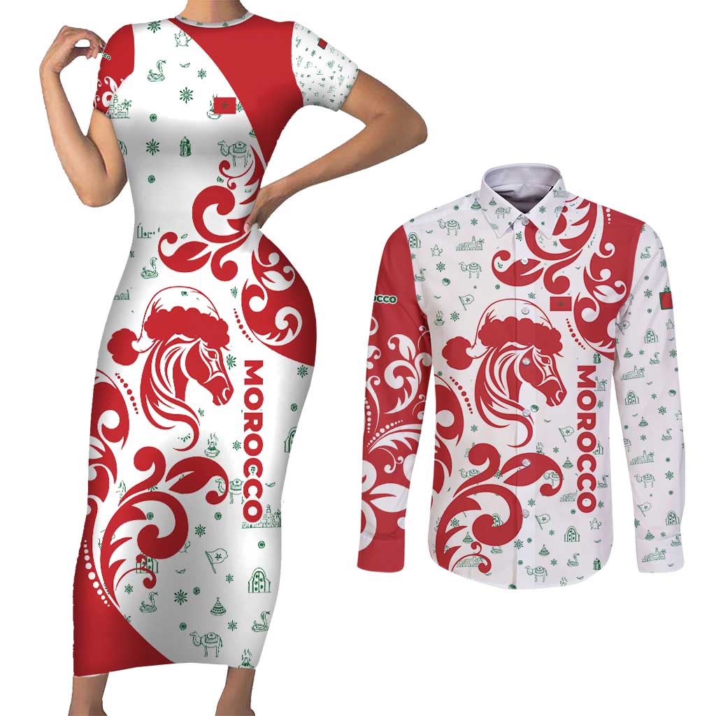 Morocco Christmas Couples Matching Short Sleeve Bodycon Dress and Long Sleeve Button Shirt with Red Horse Santa Hat Arabesque Pattern and Holiday Icons Design - Wonder Print Shop