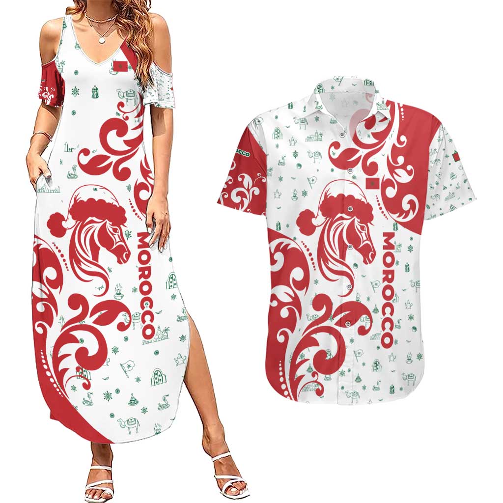 Morocco Christmas Couples Matching Summer Maxi Dress and Hawaiian Shirt with Red Horse Santa Hat Arabesque Pattern and Holiday Icons Design - Wonder Print Shop