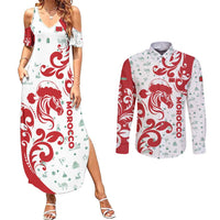 Morocco Christmas Couples Matching Summer Maxi Dress and Long Sleeve Button Shirt with Red Horse Santa Hat Arabesque Pattern and Holiday Icons Design - Wonder Print Shop
