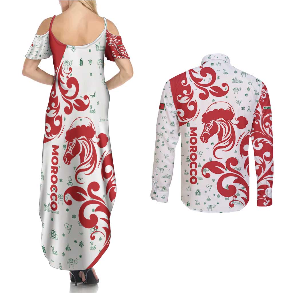 Morocco Christmas Couples Matching Summer Maxi Dress and Long Sleeve Button Shirt with Red Horse Santa Hat Arabesque Pattern and Holiday Icons Design - Wonder Print Shop