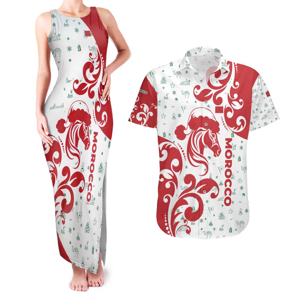 Morocco Christmas Couples Matching Tank Maxi Dress and Hawaiian Shirt with Red Horse Santa Hat Arabesque Pattern and Holiday Icons Design - Wonder Print Shop