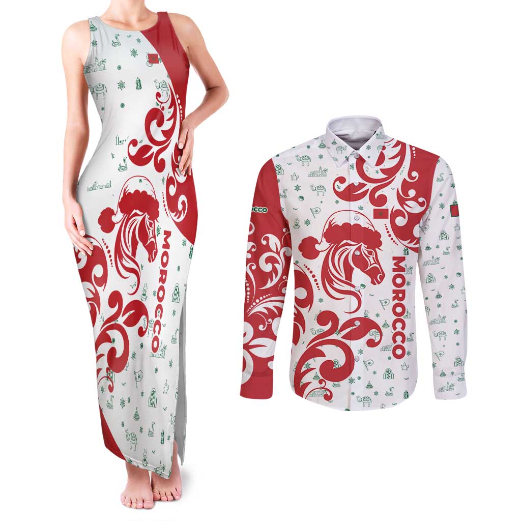 Morocco Christmas Couples Matching Tank Maxi Dress and Long Sleeve Button Shirt with Red Horse Santa Hat Arabesque Pattern and Holiday Icons Design - Wonder Print Shop
