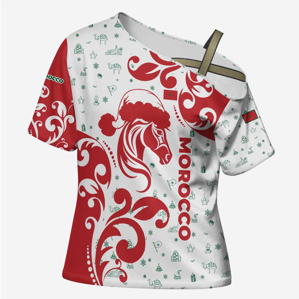 Morocco Christmas Cross Shoulder Shirt with Red Horse Santa Hat Arabesque Pattern and Holiday Icons Design - Wonder Print Shop