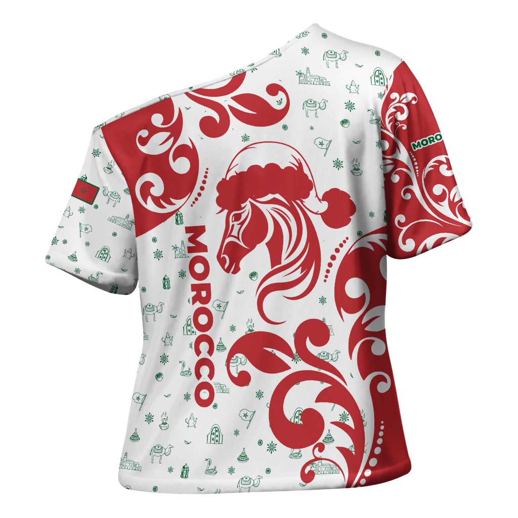 Morocco Christmas Cross Shoulder Shirt with Red Horse Santa Hat Arabesque Pattern and Holiday Icons Design - Wonder Print Shop