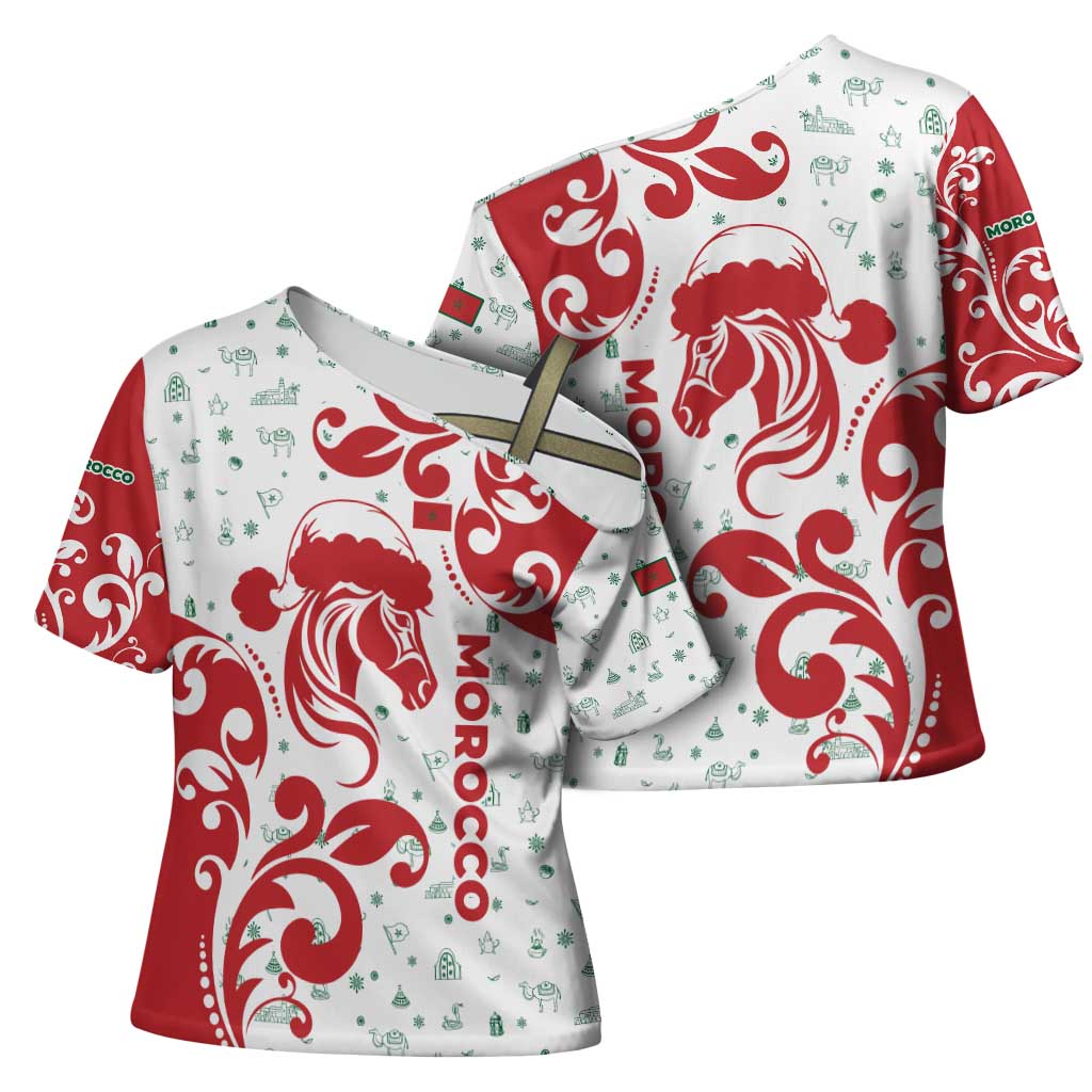 Morocco Christmas Cross Shoulder Shirt with Red Horse Santa Hat Arabesque Pattern and Holiday Icons Design - Wonder Print Shop