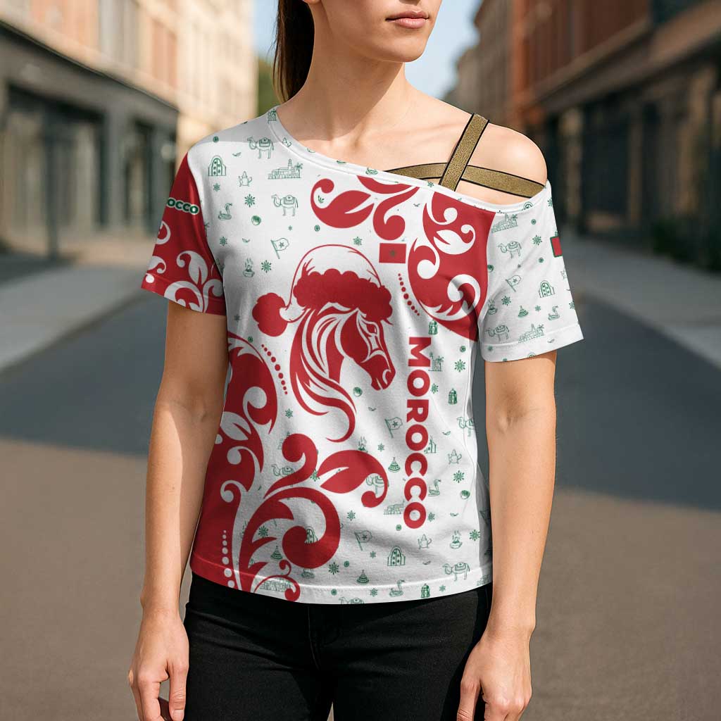 Morocco Christmas Cross Shoulder Shirt with Red Horse Santa Hat Arabesque Pattern and Holiday Icons Design - Wonder Print Shop