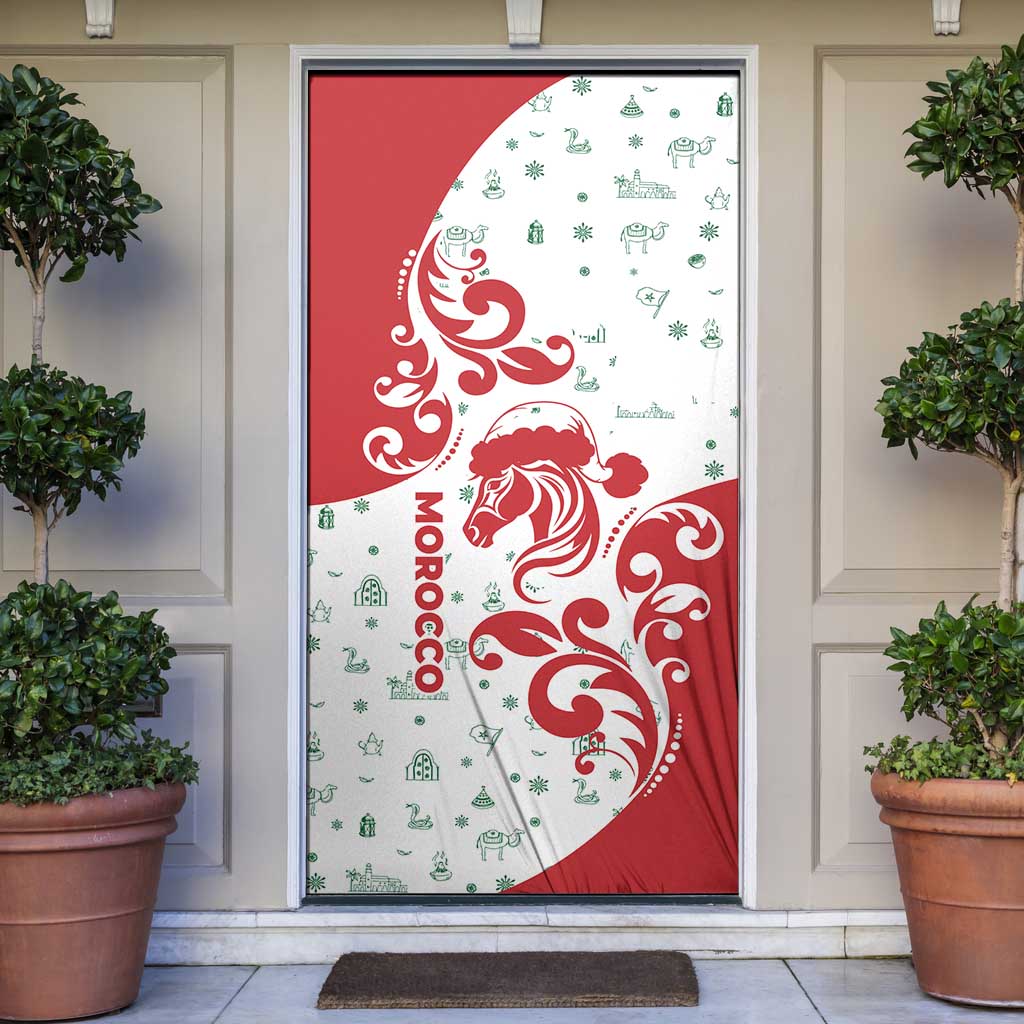 Morocco Christmas Door Cover with Red Horse Santa Hat Arabesque Pattern and Holiday Icons Design - Wonder Print Shop