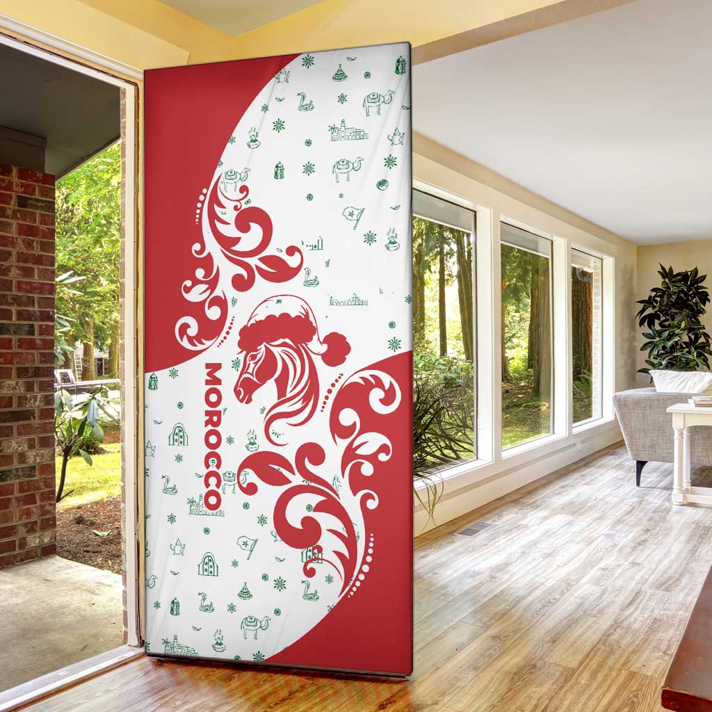 Morocco Christmas Door Cover with Red Horse Santa Hat Arabesque Pattern and Holiday Icons Design - Wonder Print Shop