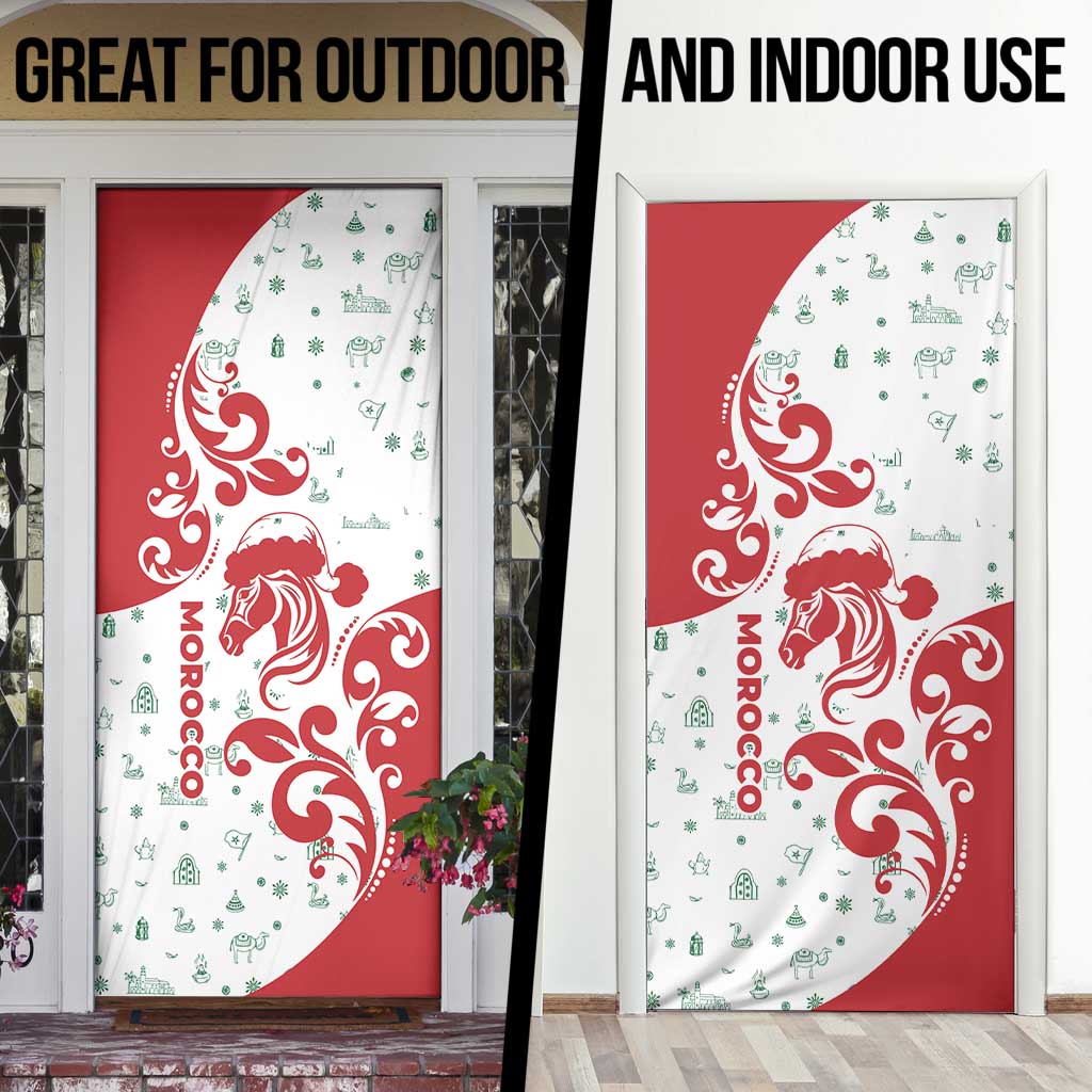 Morocco Christmas Door Cover with Red Horse Santa Hat Arabesque Pattern and Holiday Icons Design - Wonder Print Shop