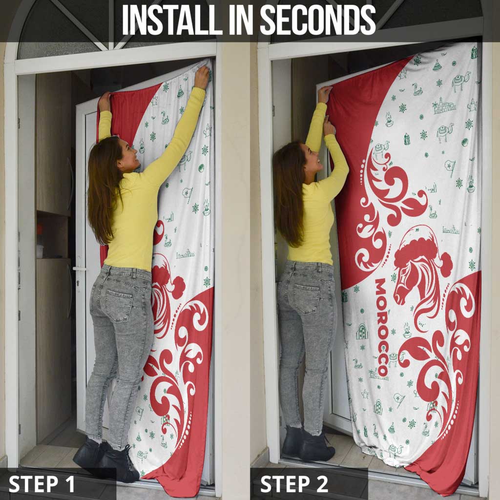 Morocco Christmas Door Cover with Red Horse Santa Hat Arabesque Pattern and Holiday Icons Design - Wonder Print Shop
