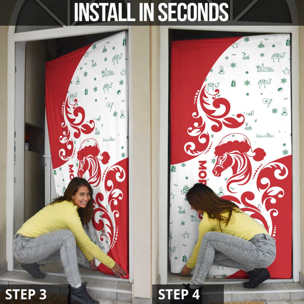 Morocco Christmas Door Cover with Red Horse Santa Hat Arabesque Pattern and Holiday Icons Design - Wonder Print Shop