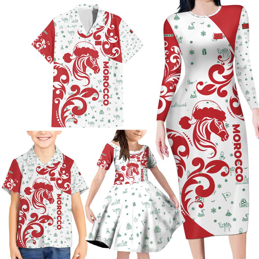 Morocco Christmas Family Matching Long Sleeve Bodycon Dress and Hawaiian Shirt with Red Horse Santa Hat Arabesque Pattern and Holiday Icons Design - Wonder Print Shop