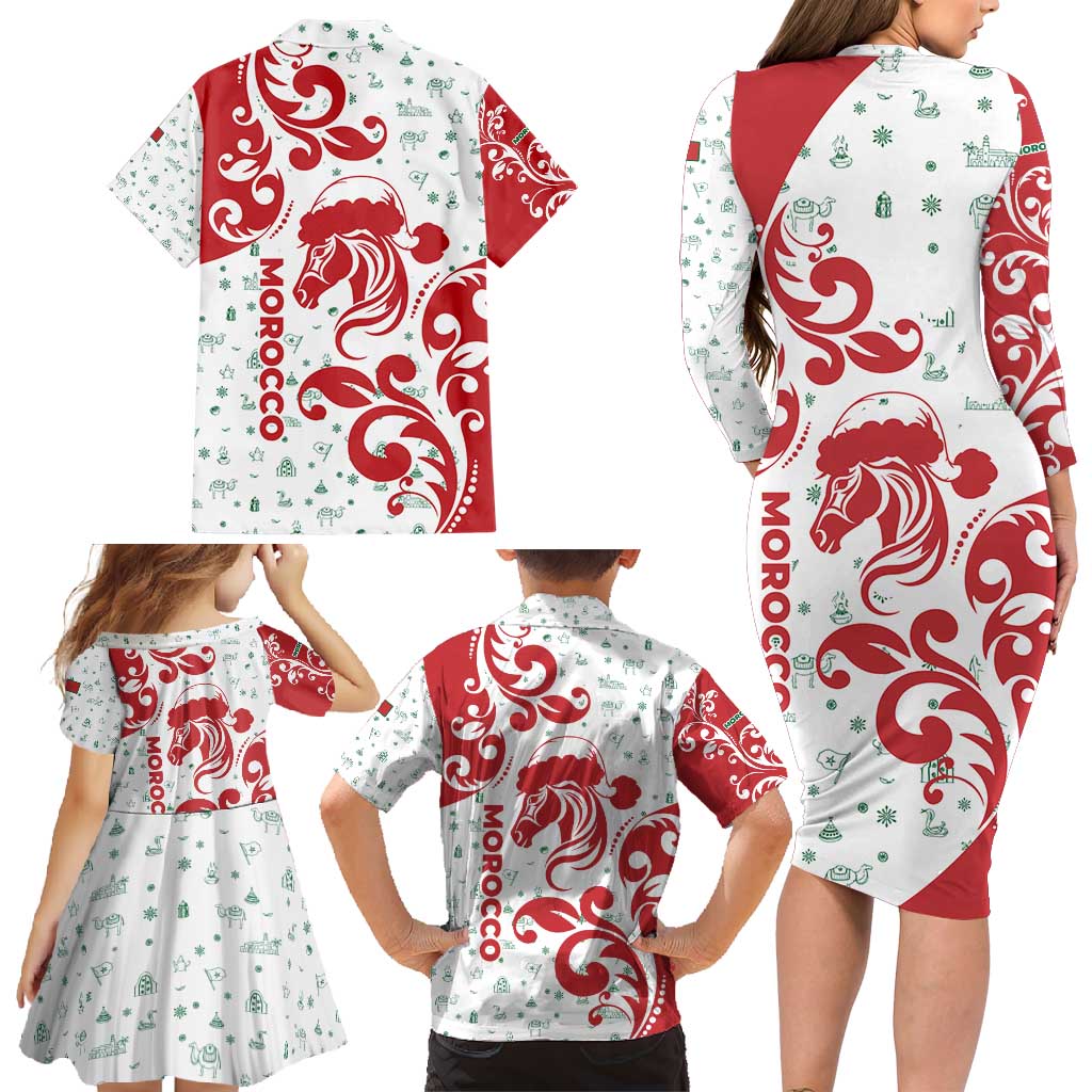 Morocco Christmas Family Matching Long Sleeve Bodycon Dress and Hawaiian Shirt with Red Horse Santa Hat Arabesque Pattern and Holiday Icons Design - Wonder Print Shop