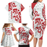 Morocco Christmas Family Matching Long Sleeve Bodycon Dress and Hawaiian Shirt with Red Horse Santa Hat Arabesque Pattern and Holiday Icons Design - Wonder Print Shop
