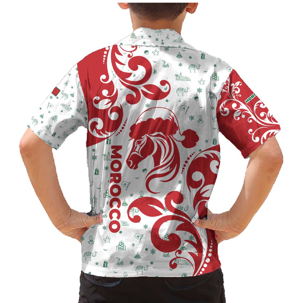 Morocco Christmas Family Matching Mermaid Dress and Hawaiian Shirt with Red Horse Santa Hat Arabesque Pattern and Holiday Icons Design - Wonder Print Shop