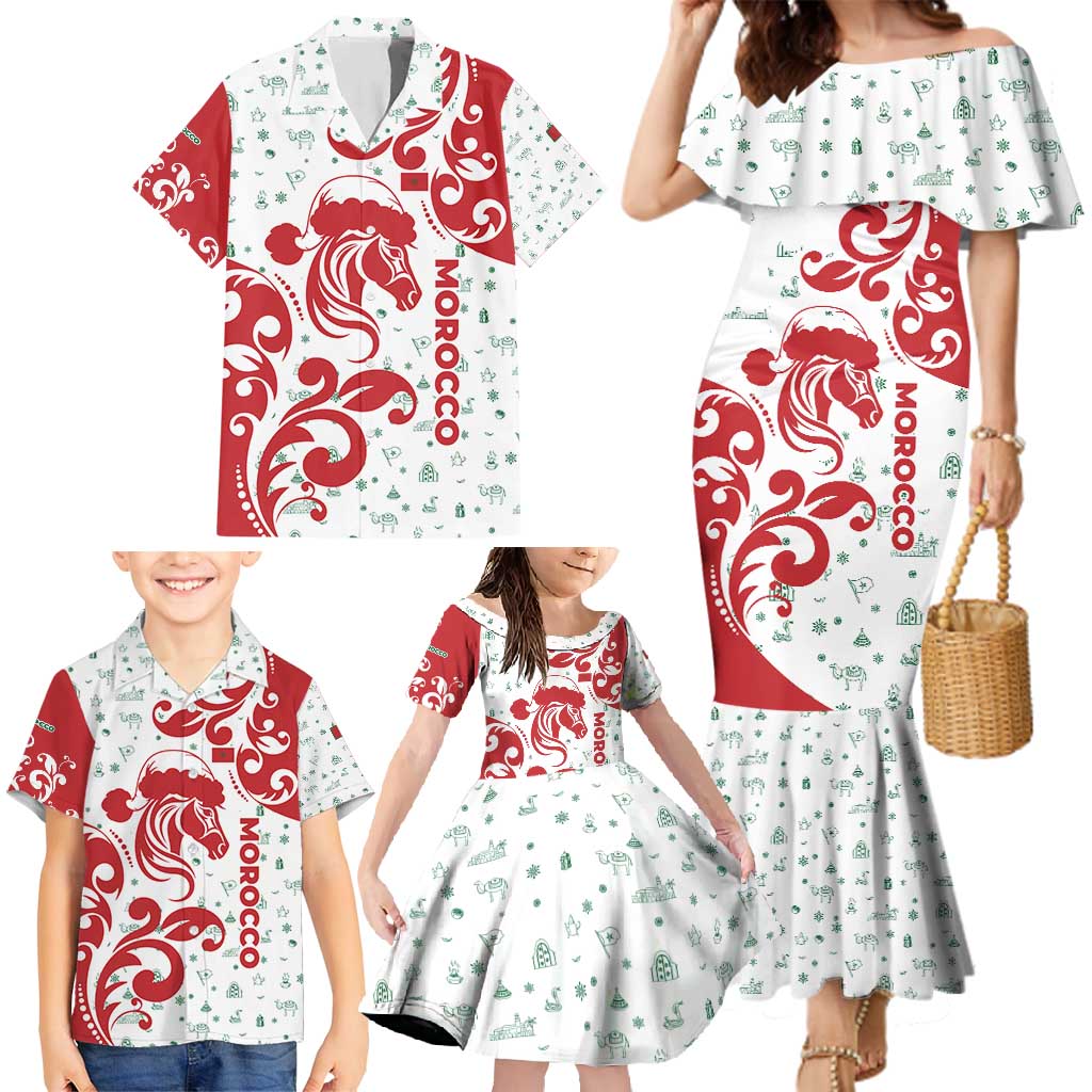 Morocco Christmas Family Matching Mermaid Dress and Hawaiian Shirt with Red Horse Santa Hat Arabesque Pattern and Holiday Icons Design - Wonder Print Shop