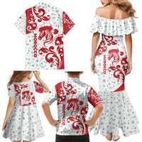 Morocco Christmas Family Matching Mermaid Dress and Hawaiian Shirt with Red Horse Santa Hat Arabesque Pattern and Holiday Icons Design - Wonder Print Shop