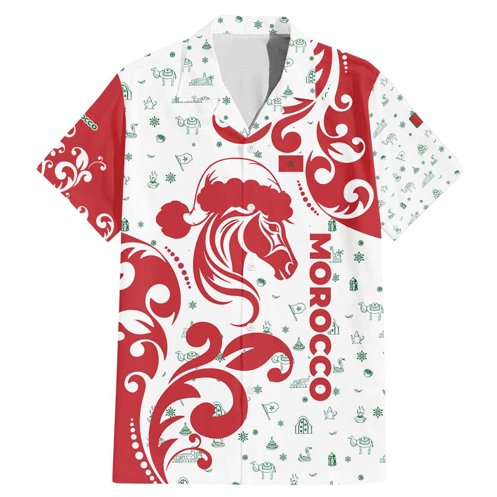 Morocco Christmas Family Matching Mermaid Dress and Hawaiian Shirt with Red Horse Santa Hat Arabesque Pattern and Holiday Icons Design - Wonder Print Shop