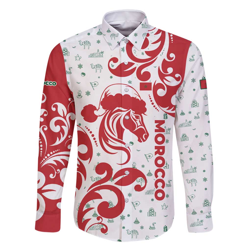 Morocco Christmas Family Matching Mermaid Dress and Hawaiian Shirt with Red Horse Santa Hat Arabesque Pattern and Holiday Icons Design - Wonder Print Shop