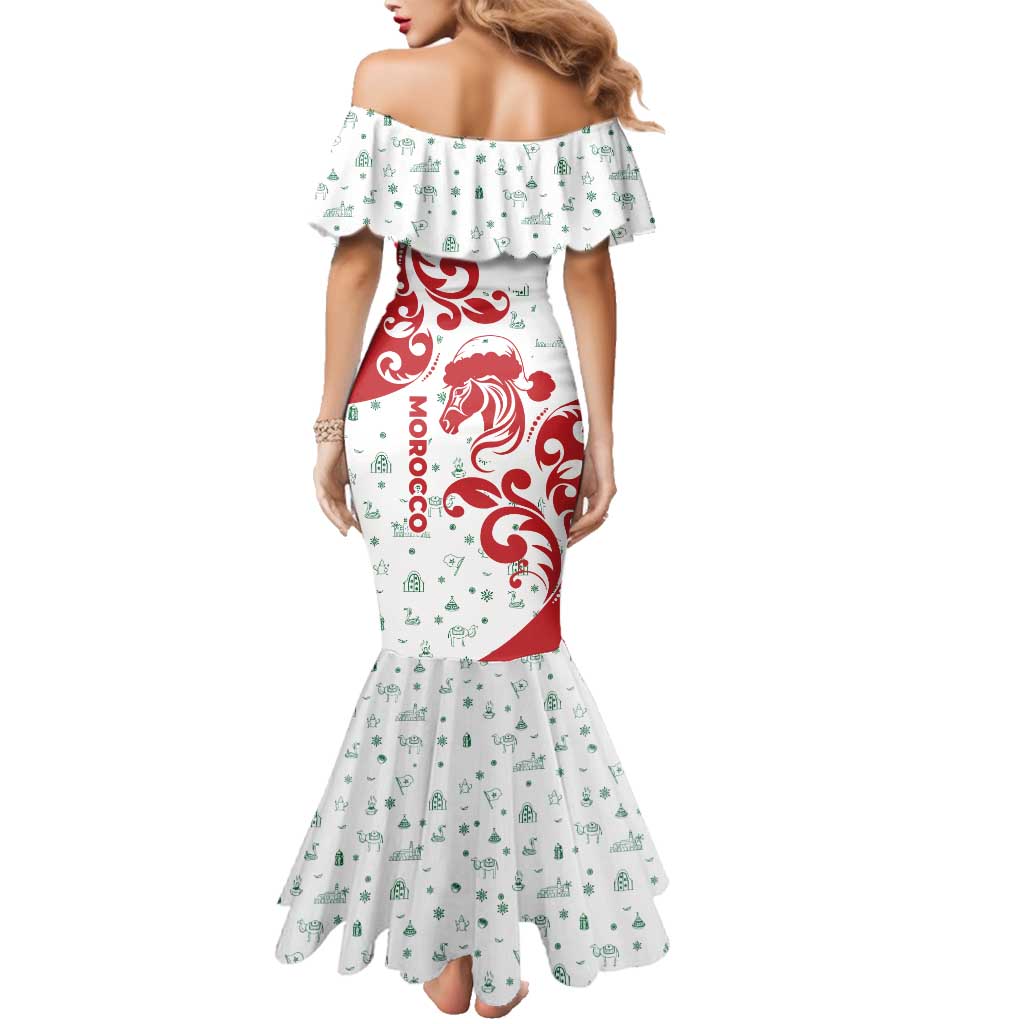 Morocco Christmas Family Matching Mermaid Dress and Hawaiian Shirt with Red Horse Santa Hat Arabesque Pattern and Holiday Icons Design - Wonder Print Shop