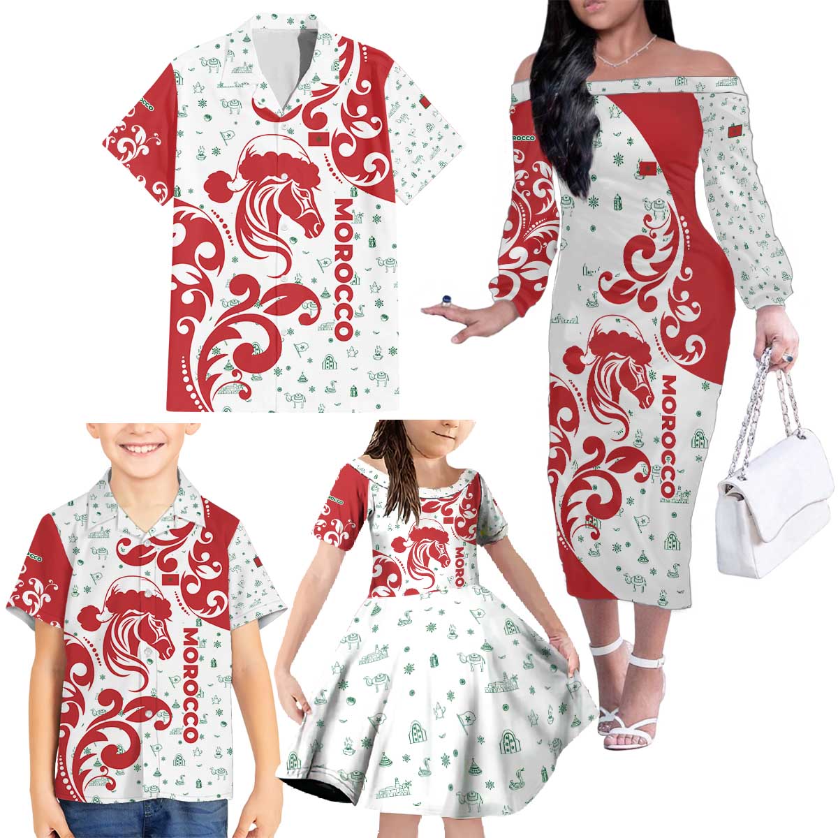 Morocco Christmas Family Matching Off The Shoulder Long Sleeve Dress and Hawaiian Shirt with Red Horse Santa Hat Arabesque Pattern and Holiday Icons Design - Wonder Print Shop