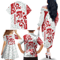 Morocco Christmas Family Matching Off The Shoulder Long Sleeve Dress and Hawaiian Shirt with Red Horse Santa Hat Arabesque Pattern and Holiday Icons Design - Wonder Print Shop