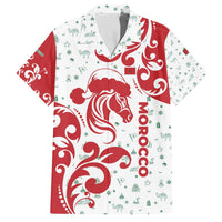 Morocco Christmas Family Matching Off The Shoulder Long Sleeve Dress and Hawaiian Shirt with Red Horse Santa Hat Arabesque Pattern and Holiday Icons Design - Wonder Print Shop