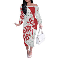 Morocco Christmas Family Matching Off The Shoulder Long Sleeve Dress and Hawaiian Shirt with Red Horse Santa Hat Arabesque Pattern and Holiday Icons Design - Wonder Print Shop