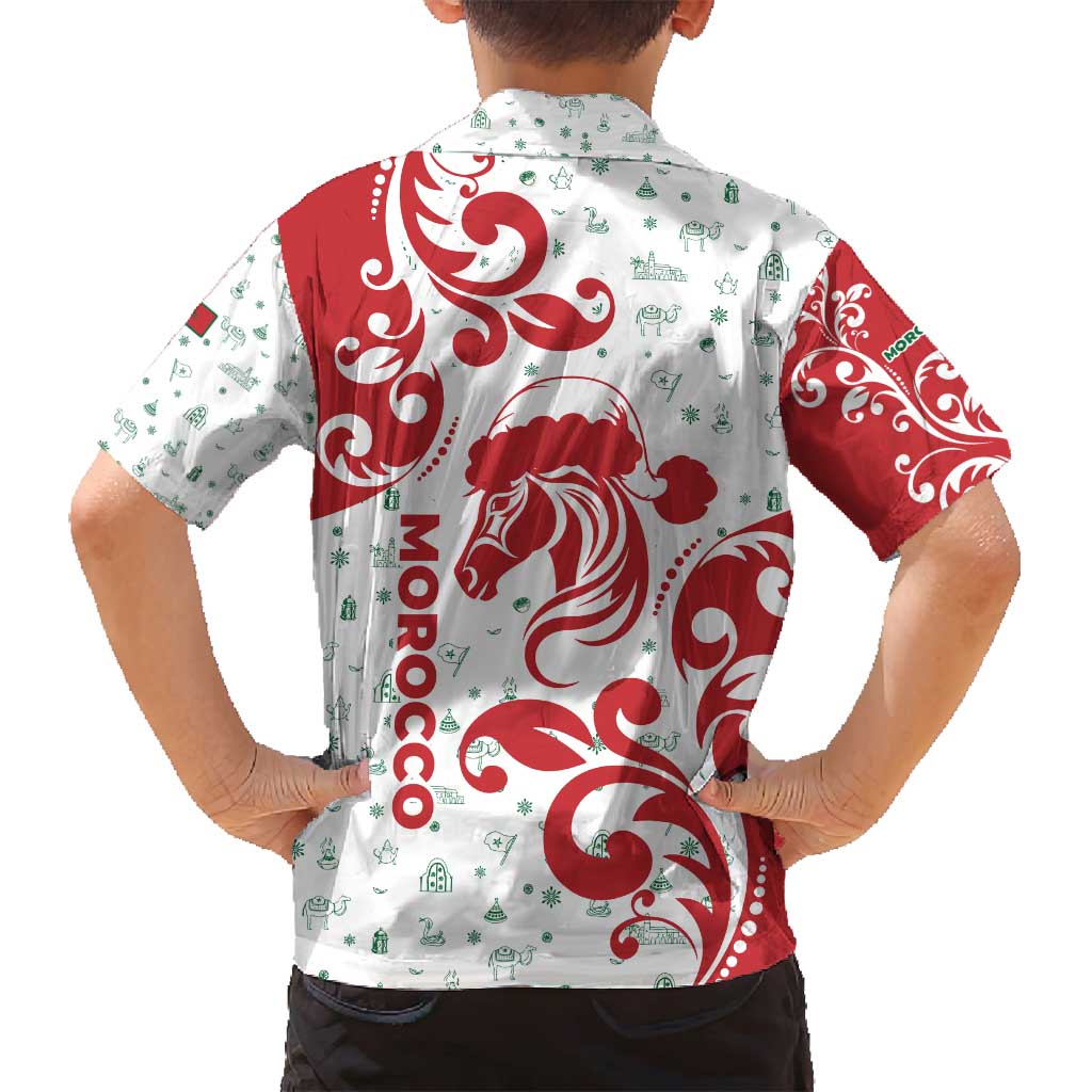 Morocco Christmas Family Matching Off Shoulder Maxi Dress and Hawaiian Shirt with Red Horse Santa Hat Arabesque Pattern and Holiday Icons Design - Wonder Print Shop