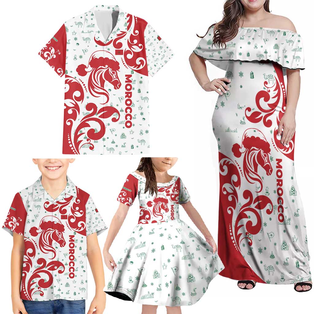 Morocco Christmas Family Matching Off Shoulder Maxi Dress and Hawaiian Shirt with Red Horse Santa Hat Arabesque Pattern and Holiday Icons Design - Wonder Print Shop