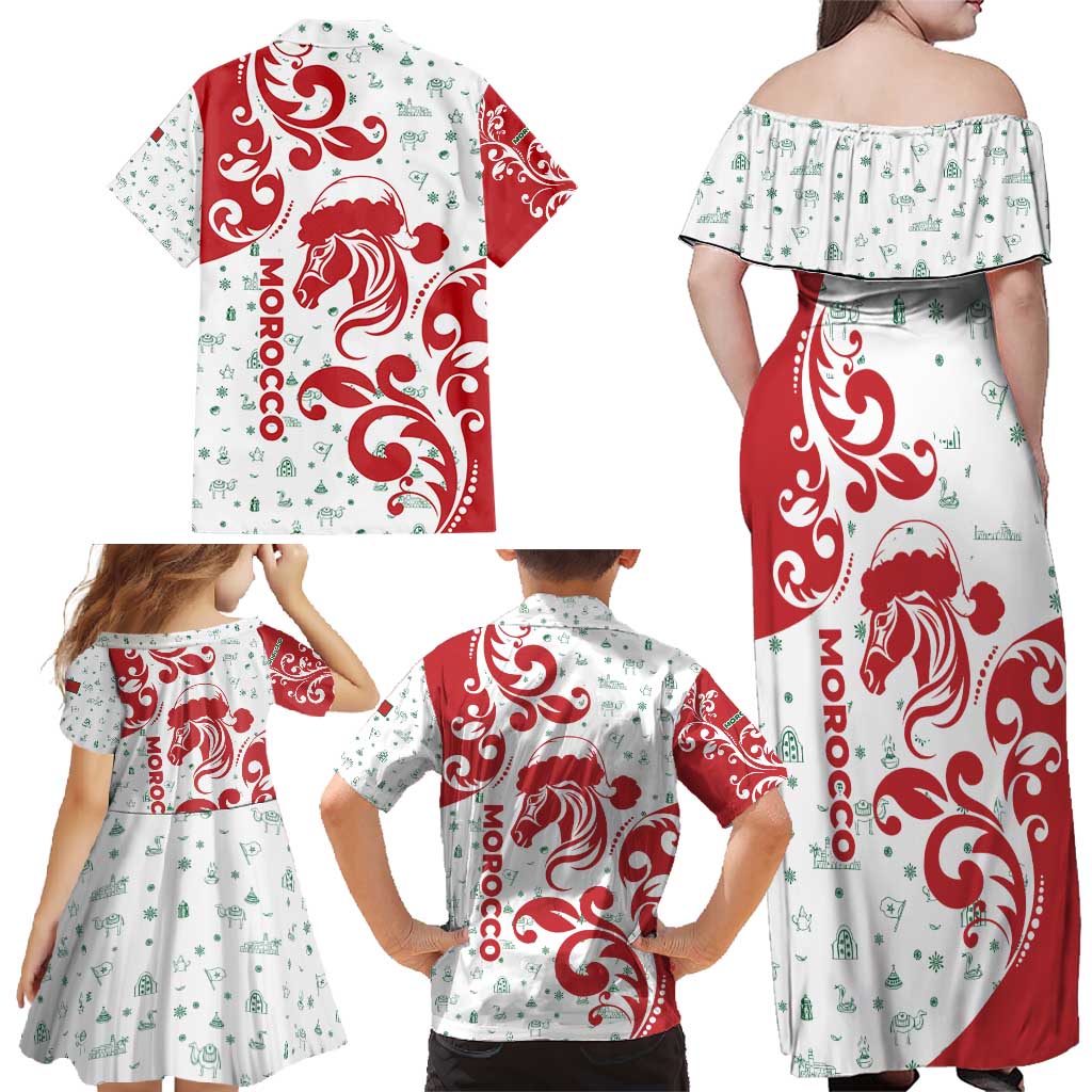 Morocco Christmas Family Matching Off Shoulder Maxi Dress and Hawaiian Shirt with Red Horse Santa Hat Arabesque Pattern and Holiday Icons Design - Wonder Print Shop