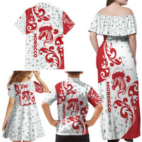 Morocco Christmas Family Matching Off Shoulder Maxi Dress and Hawaiian Shirt with Red Horse Santa Hat Arabesque Pattern and Holiday Icons Design - Wonder Print Shop