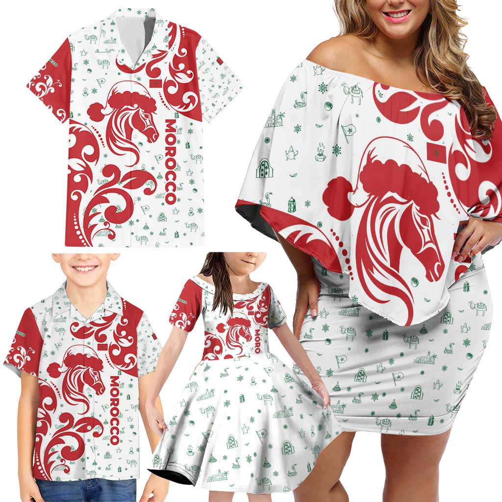 Morocco Christmas Family Matching Off Shoulder Short Dress and Hawaiian Shirt with Red Horse Santa Hat Arabesque Pattern and Holiday Icons Design - Wonder Print Shop