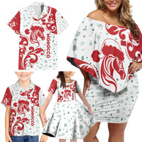 Morocco Christmas Family Matching Off Shoulder Short Dress and Hawaiian Shirt with Red Horse Santa Hat Arabesque Pattern and Holiday Icons Design - Wonder Print Shop