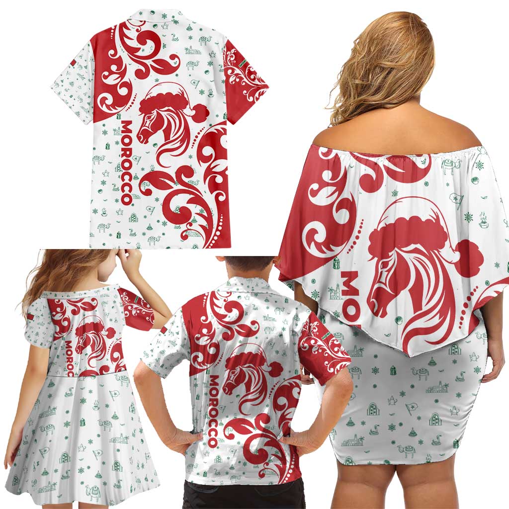 Morocco Christmas Family Matching Off Shoulder Short Dress and Hawaiian Shirt with Red Horse Santa Hat Arabesque Pattern and Holiday Icons Design - Wonder Print Shop