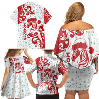 Morocco Christmas Family Matching Off Shoulder Short Dress and Hawaiian Shirt with Red Horse Santa Hat Arabesque Pattern and Holiday Icons Design - Wonder Print Shop
