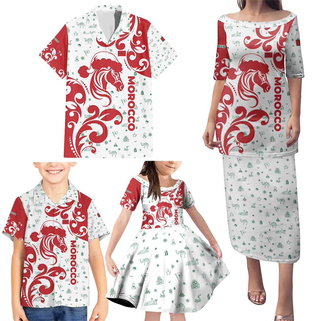 Morocco Christmas Family Matching Puletasi and Hawaiian Shirt with Red Horse Santa Hat Arabesque Pattern and Holiday Icons Design - Wonder Print Shop