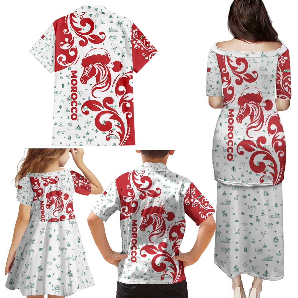 Morocco Christmas Family Matching Puletasi and Hawaiian Shirt with Red Horse Santa Hat Arabesque Pattern and Holiday Icons Design - Wonder Print Shop