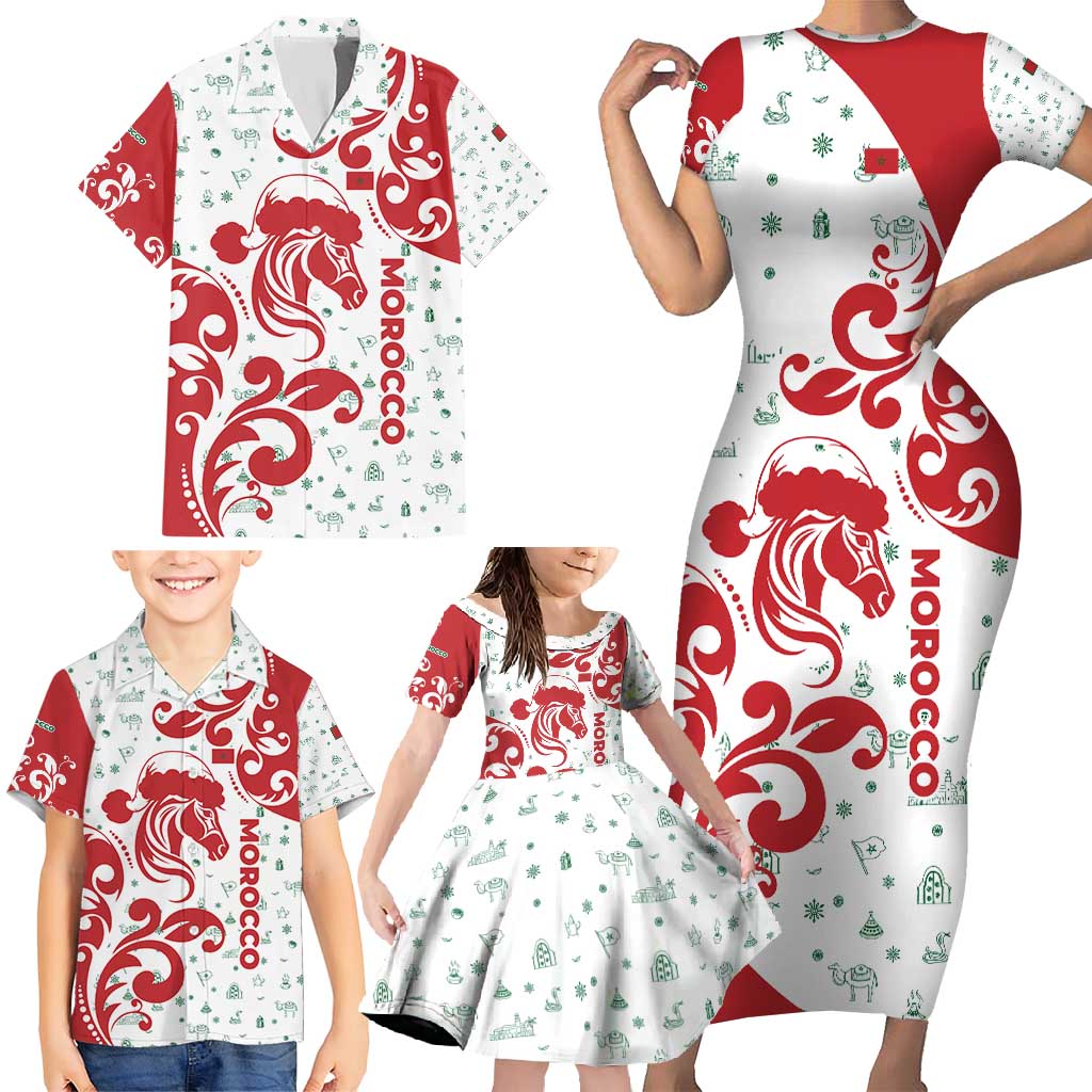 Morocco Christmas Family Matching Short Sleeve Bodycon Dress and Hawaiian Shirt with Red Horse Santa Hat Arabesque Pattern and Holiday Icons Design - Wonder Print Shop