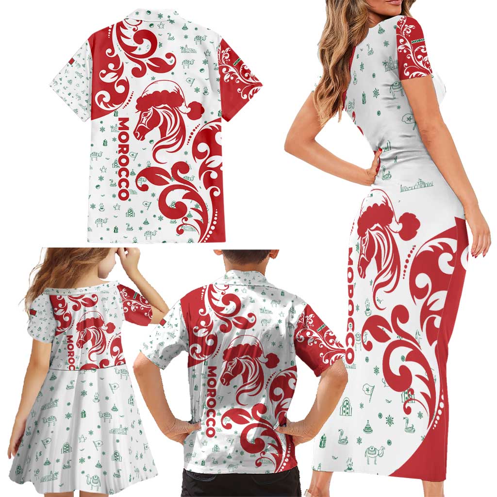 Morocco Christmas Family Matching Short Sleeve Bodycon Dress and Hawaiian Shirt with Red Horse Santa Hat Arabesque Pattern and Holiday Icons Design - Wonder Print Shop
